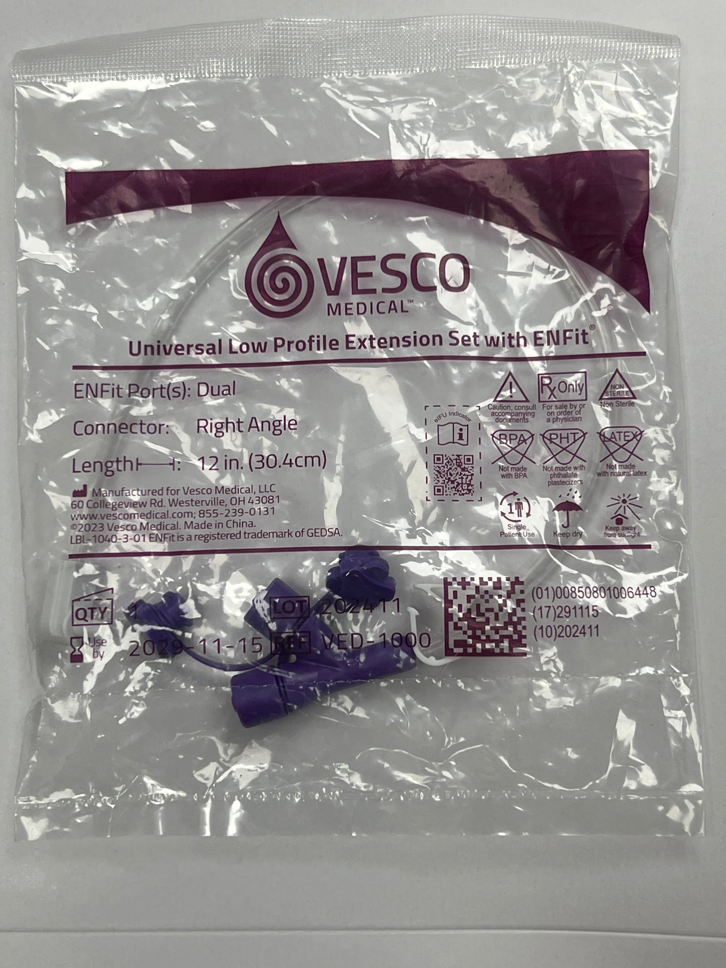 Vesco G-Tube Extension 12" Right Angle Y port ENFit VED-1000 - Choose A Date