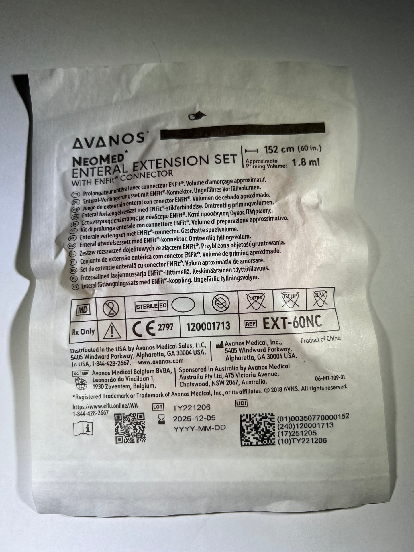 Avanos Neomed Enteral Extension Set with ENFit Connector 152cm / 60in EXT-60NC - 1 Unit - IN DATE