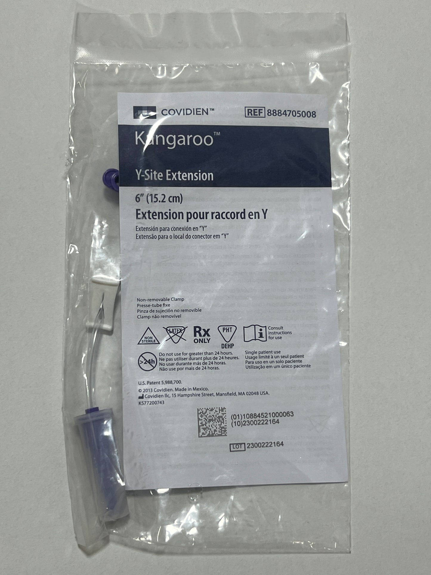 1x Covidien Kangaroo 6" Y-Site Extension Legacy / Cone Connection REF 8884705008