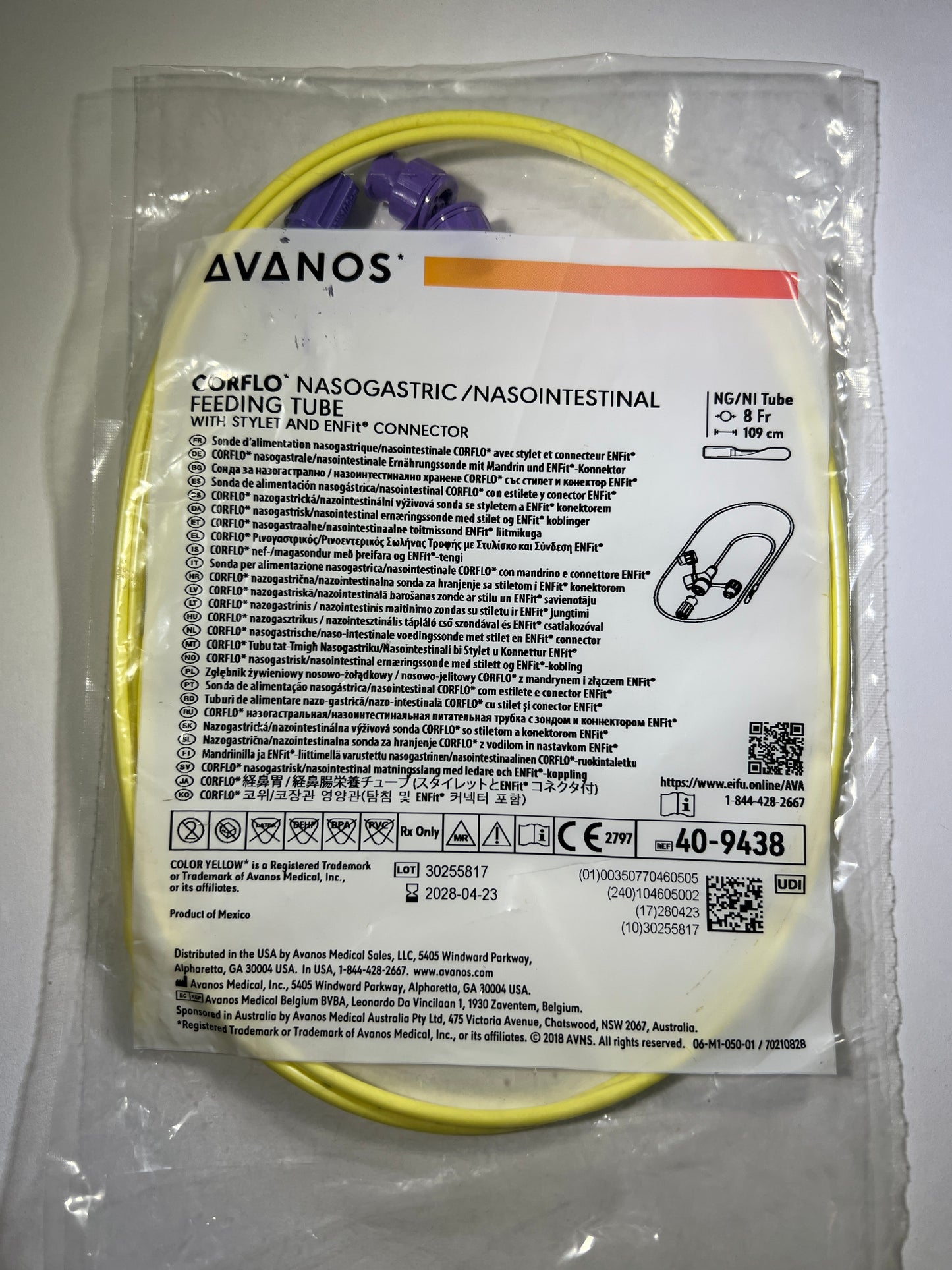 8Fr x 109cm NG Tube - Avanos Corflo Nasogastric Feeding Tube with Stylet and ENFit Connector 40-9438 - 1 Unit - In Date