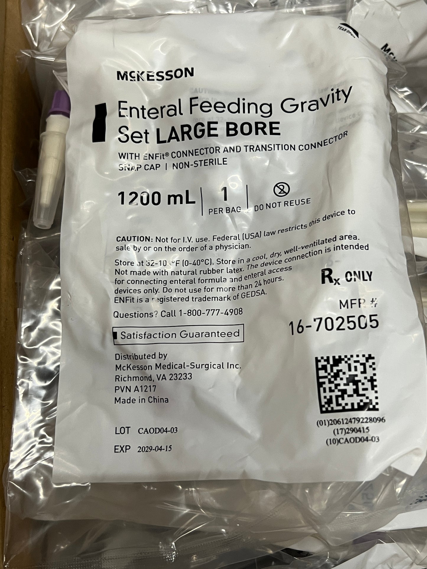30x McKesson 1200ml Large Bore Gravity Feeding Bag REF 16-702505 with Cone / Enfit TRN - In Date