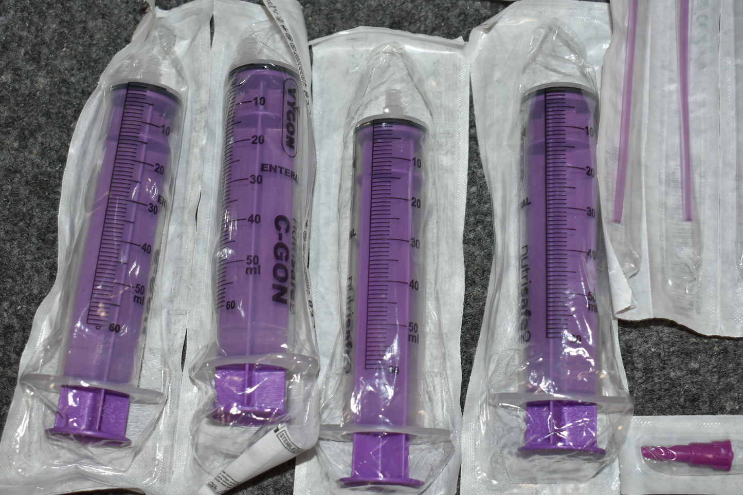 VYGON Nutrisafe2 feeding systems for neonates / preemies lot of Sampling Straws, 60cc Syringes, 6Fr NG tubes