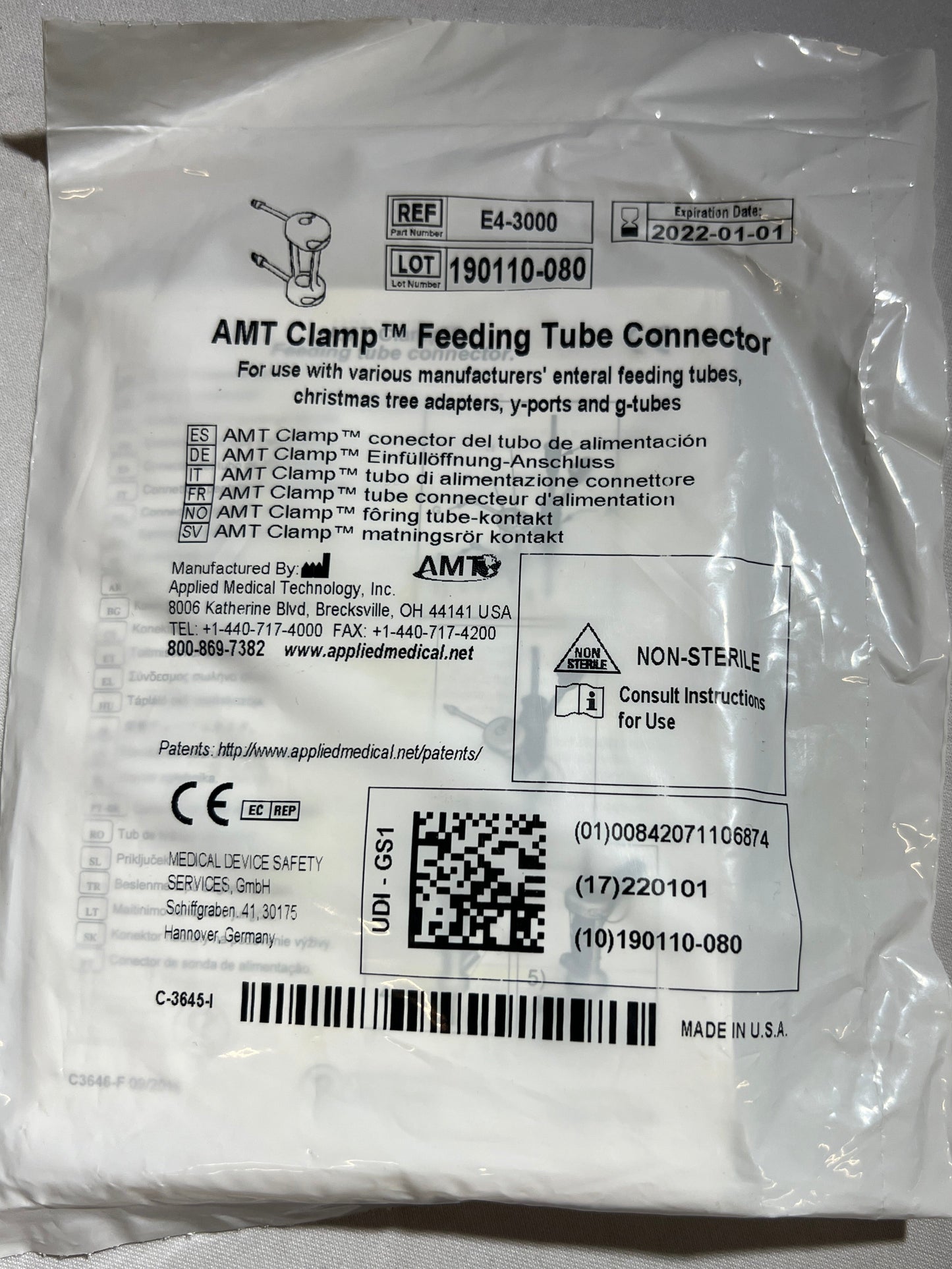AMT Clamp Feeding Tube Connector - E4-3000 - 1 Unit - OOD