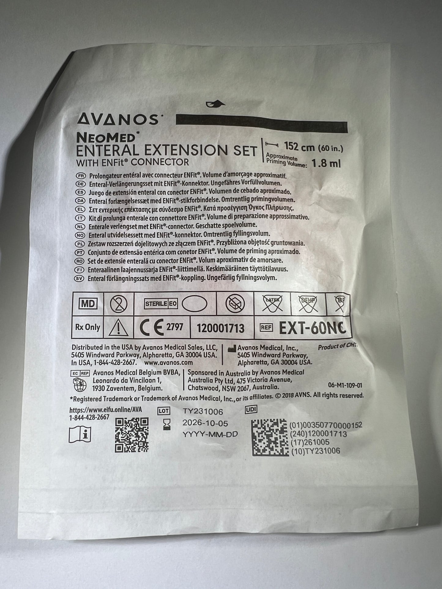 Avanos Neomed Enteral Extension Set with ENFit Connector 152cm / 60in EXT-60NC - 1 Unit - IN DATE