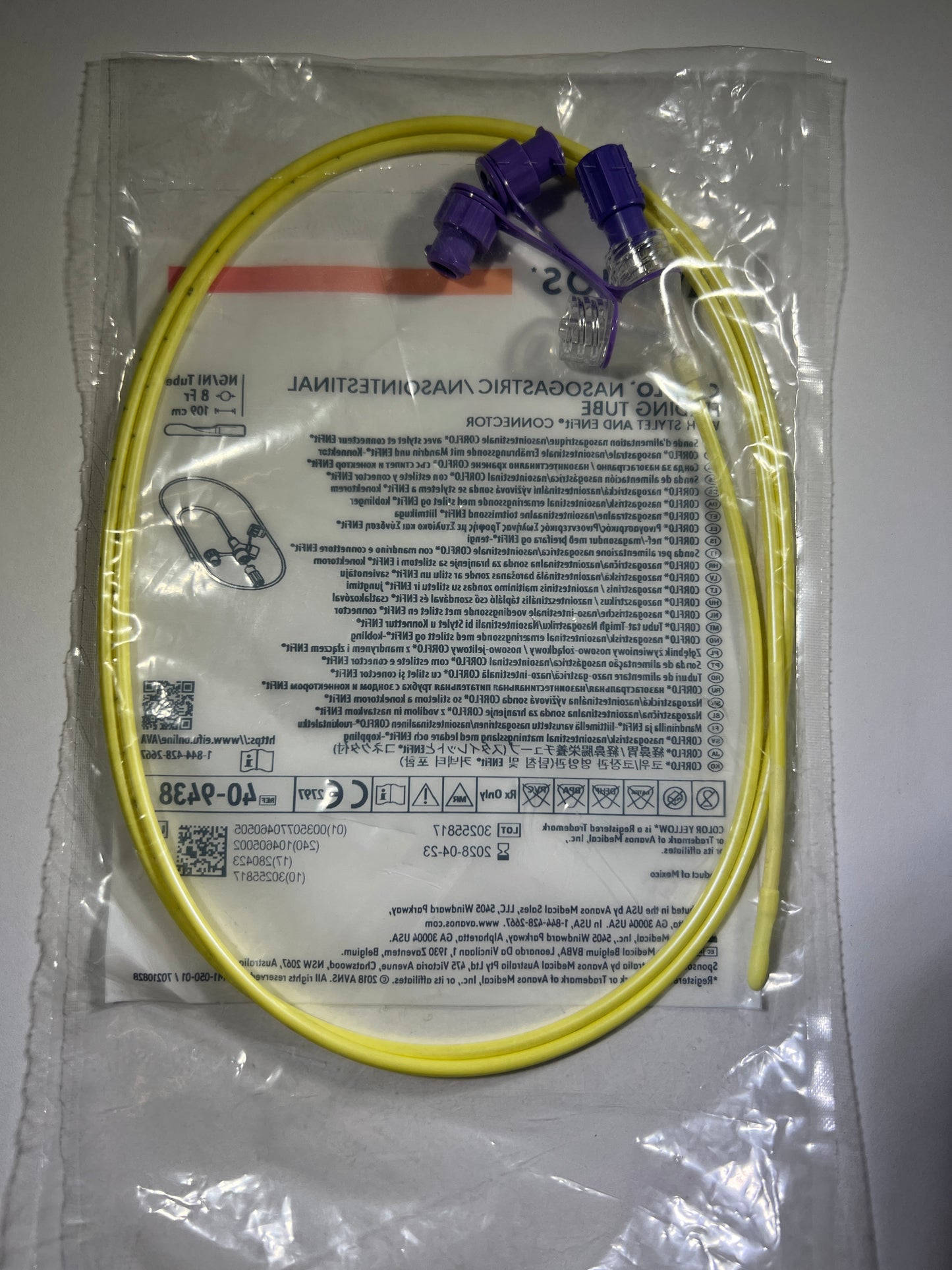 8Fr x 109cm NG Tube - Avanos Corflo Nasogastric Feeding Tube with Stylet and ENFit Connector 40-9438 - 1 Unit - In Date