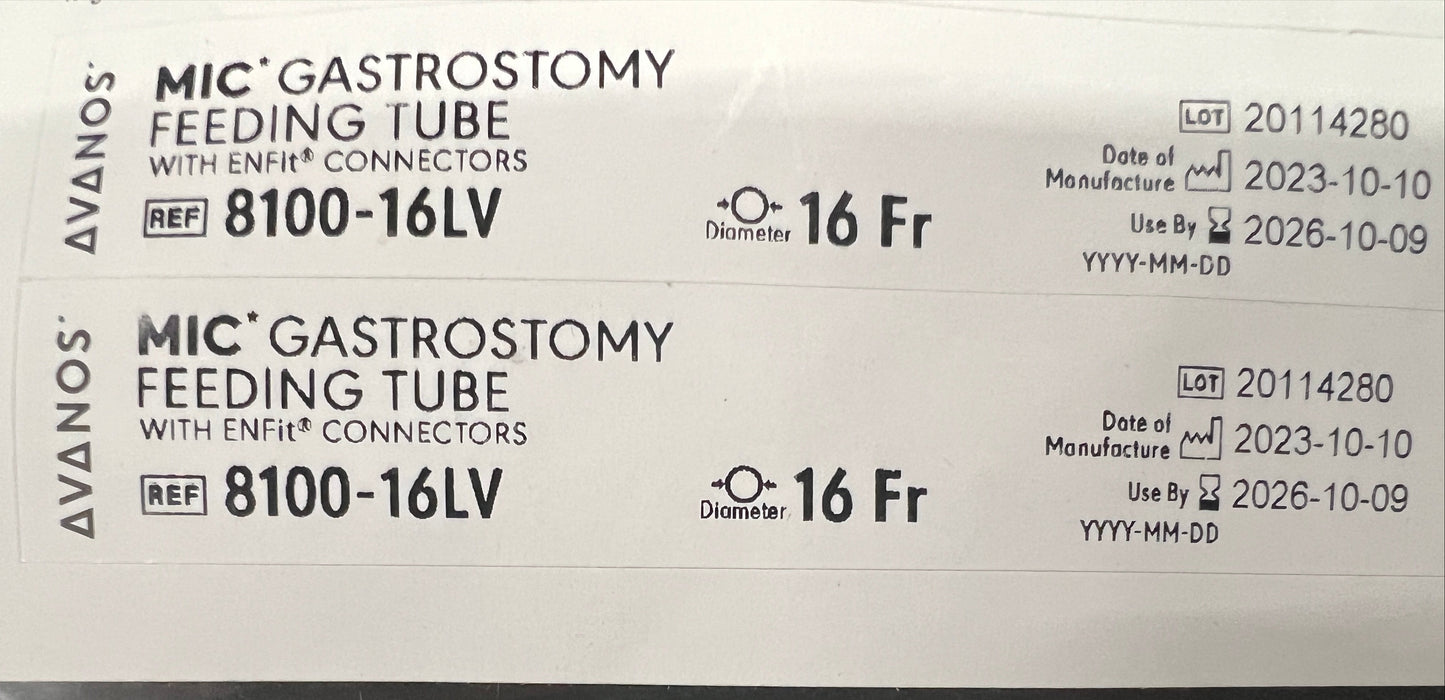 Mic Gastrostomy Feeding Tube 16Fr G-Tube ith ENFit Connections 3-5ml Pediatric Balloon - REF 8100-16LV - Exp Oct 2026