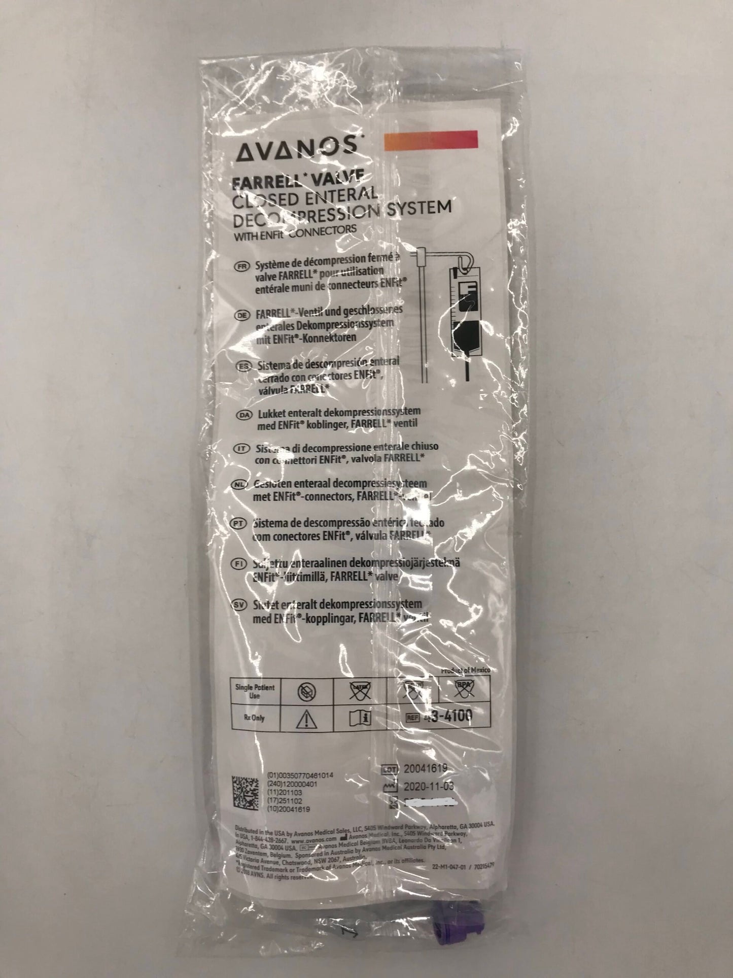 Farrell Bag - ENFit - Closed Enteral Decompression System Gastric Pressure Relief Device - ENFit Connection - In Date