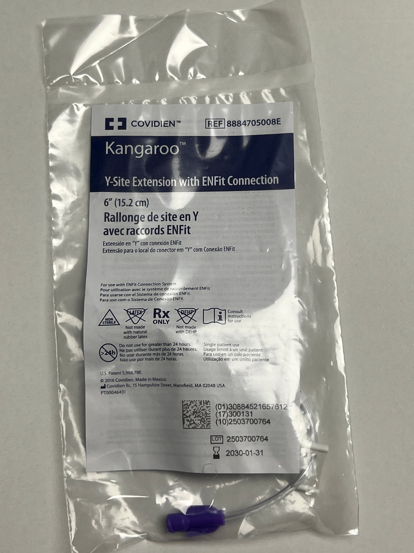 1x Covidien Kangaroo 6" Y-Site Extension ENFit Connection REF 8884705008E