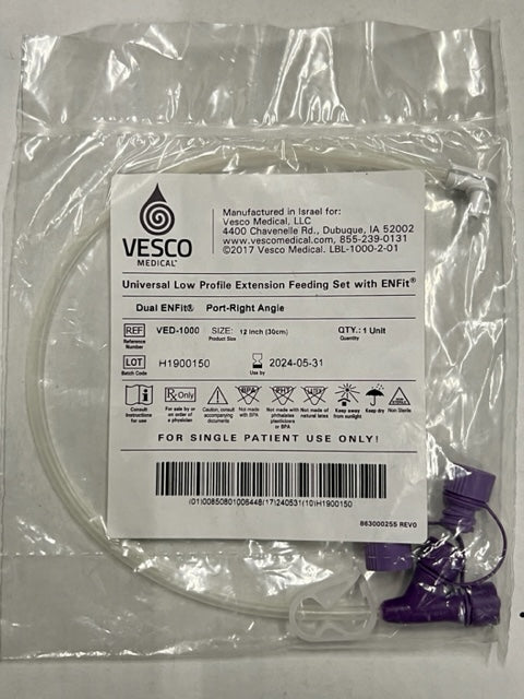 Vesco G-Tube Extension 12" Right Angle Y port ENFit VED-1000 - OOD